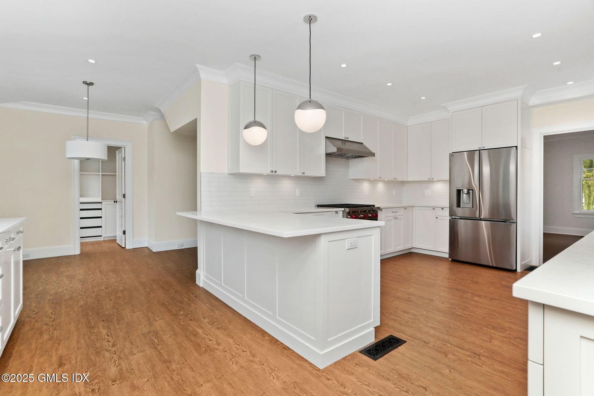 Interior, Kitchen, Pendant Lights, Recessed Lighting, Stainless Steel Appliances, Wood Texture Flooring