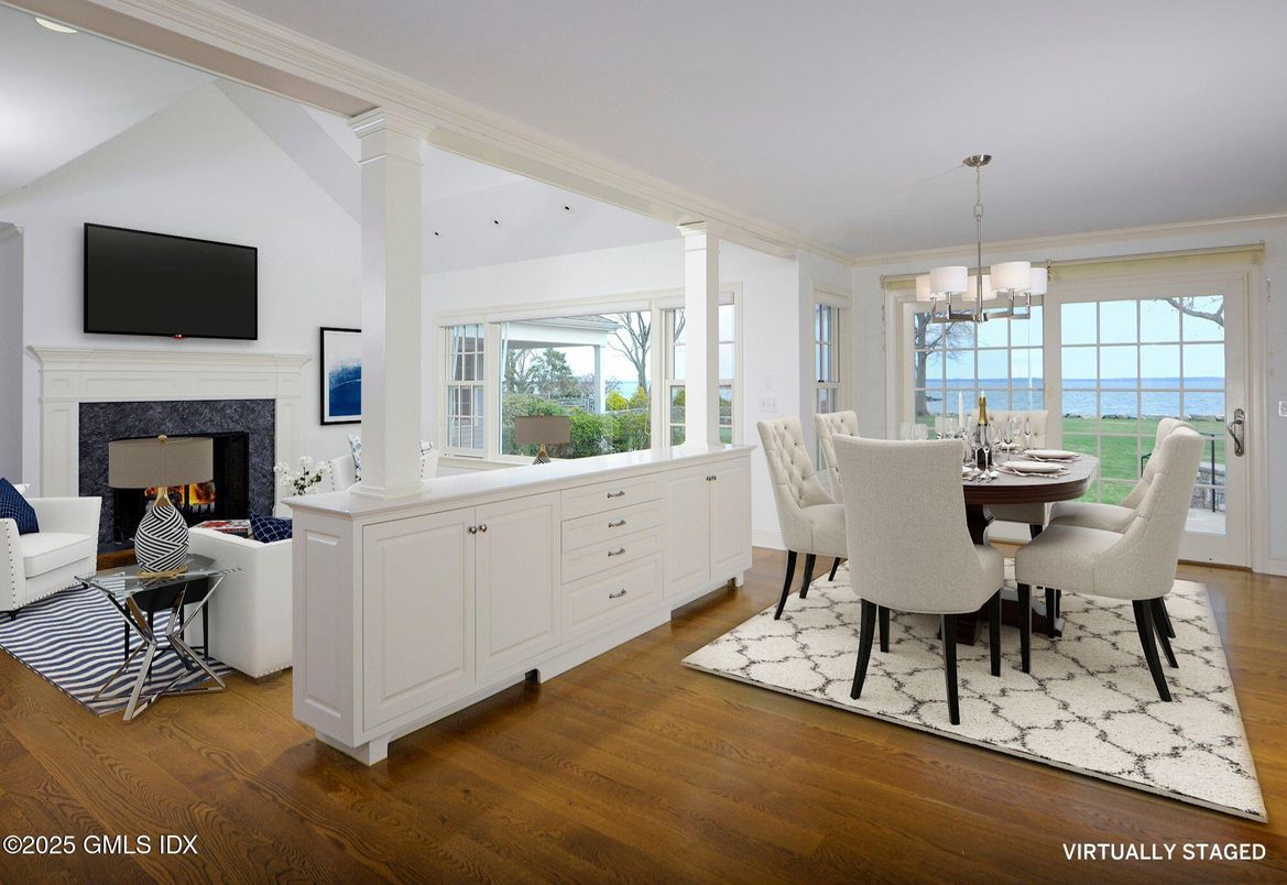 Chandelier, Dining room, Fireplace, Interior, Water, Wood Texture Flooring