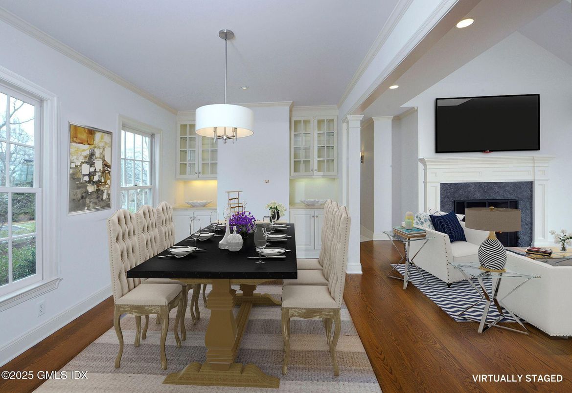 Chandelier, Dining room, Fireplace, Interior, Living room, Pendant Lights, Recessed Lighting, Wood Texture Flooring