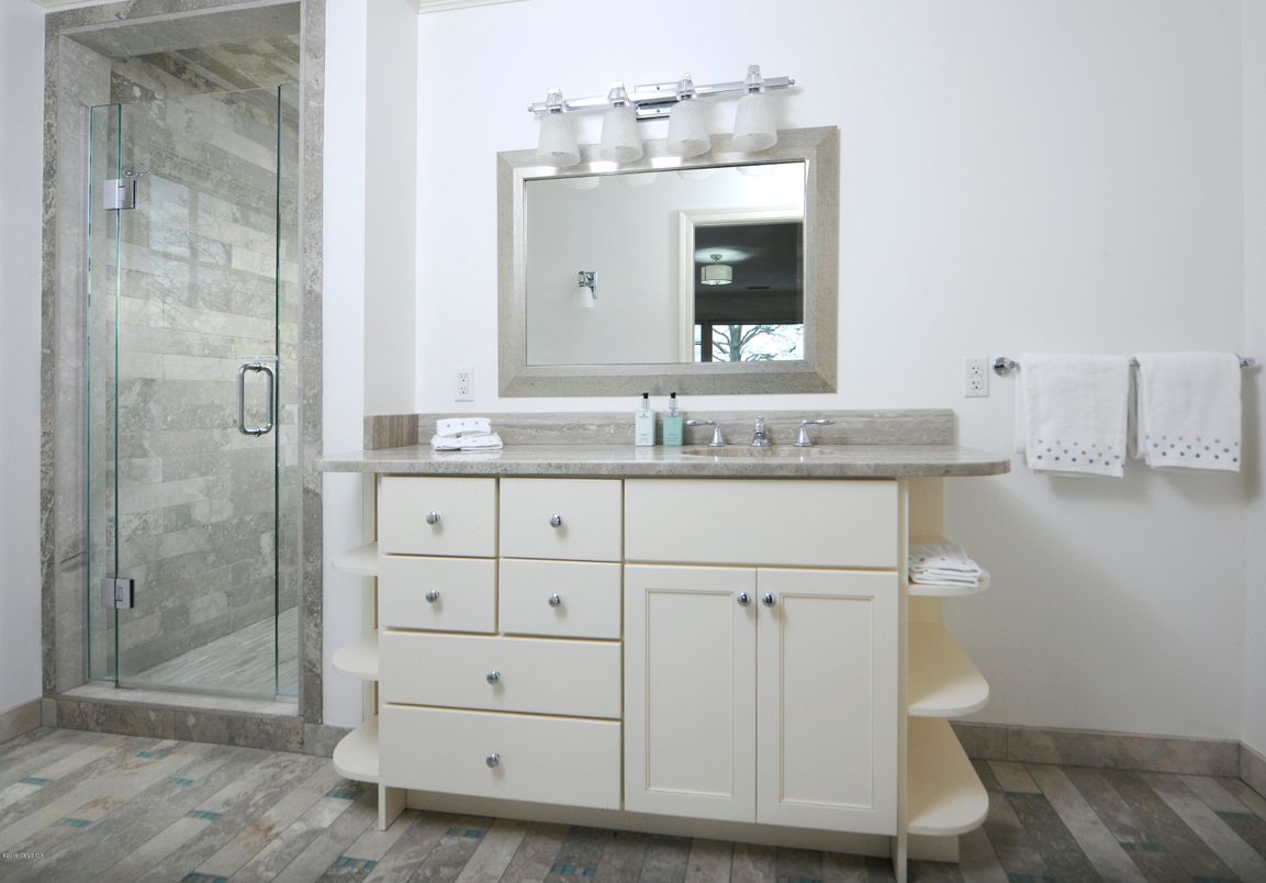 Bathroom, Dual Sink Vanities, Glass Shower, Interior, Wood Texture Flooring