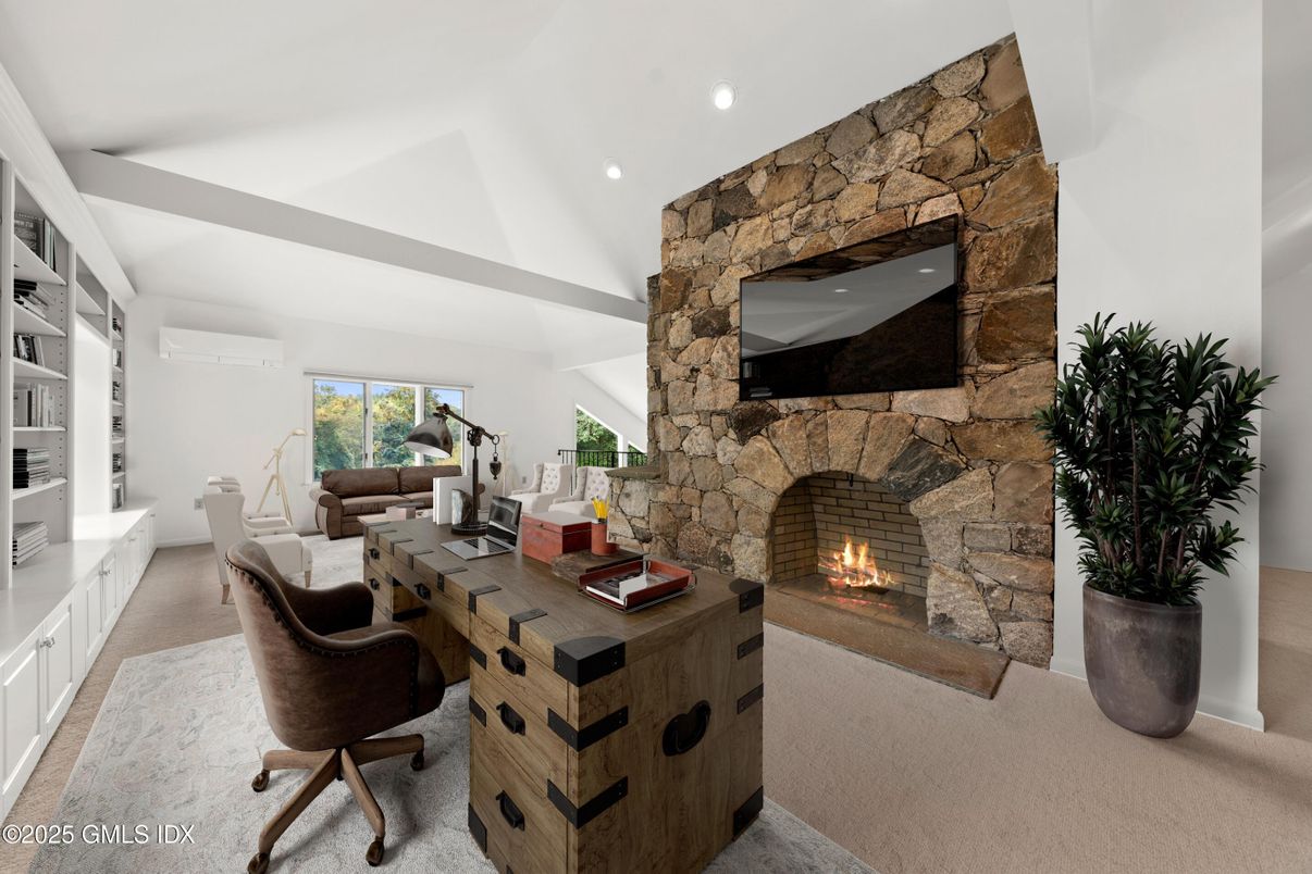 Fireplace, Home Office, Interior, Living room, Recessed Lighting, Stone Walls