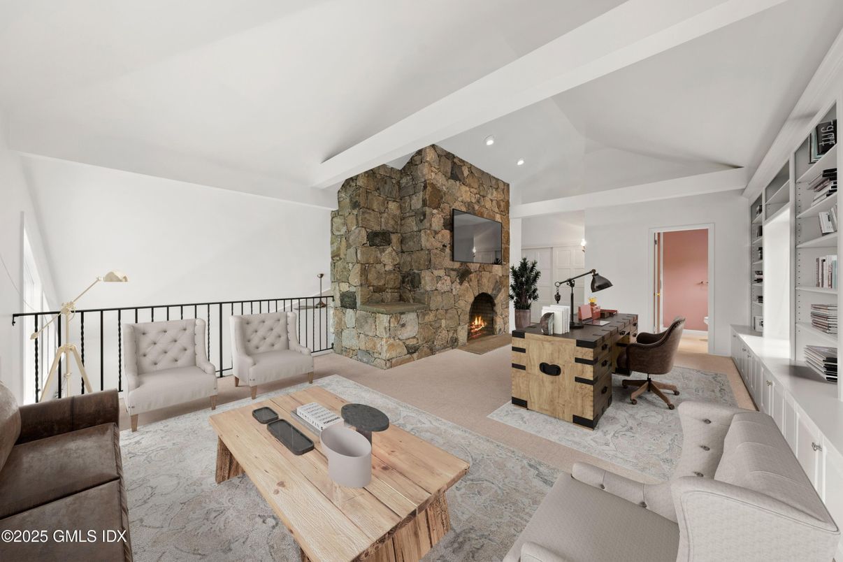 Dining room, Fireplace, Interior, Living room, Recessed Lighting, Stone Walls