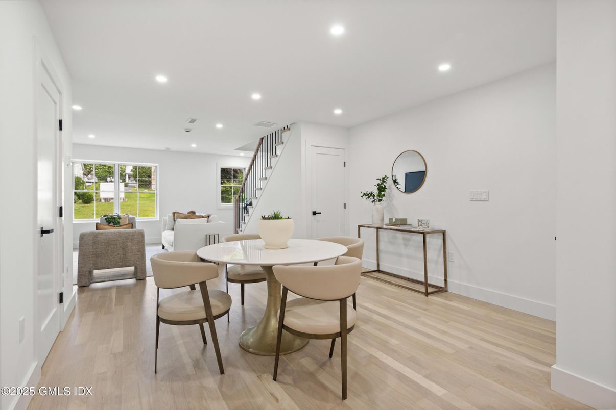 Dining room, Interior, Recessed Lighting, Wood Texture Flooring