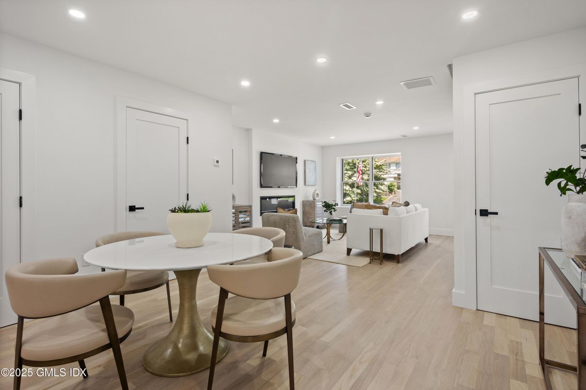 Dining room, Interior, Living room, Recessed Lighting, Wood Texture Flooring
