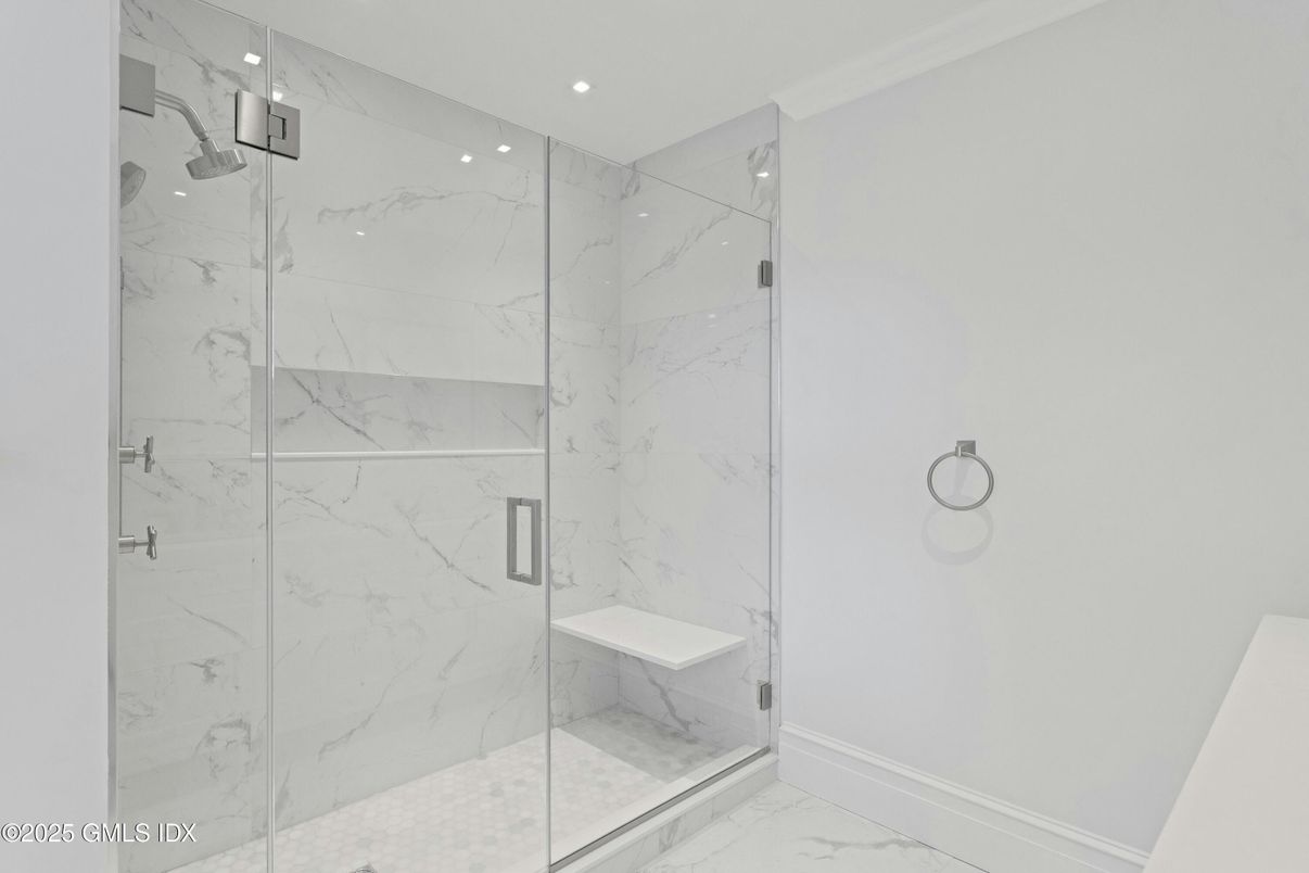 Bathroom, Glass Shower, Interior, Marble, Marble Walls, Recessed Lighting