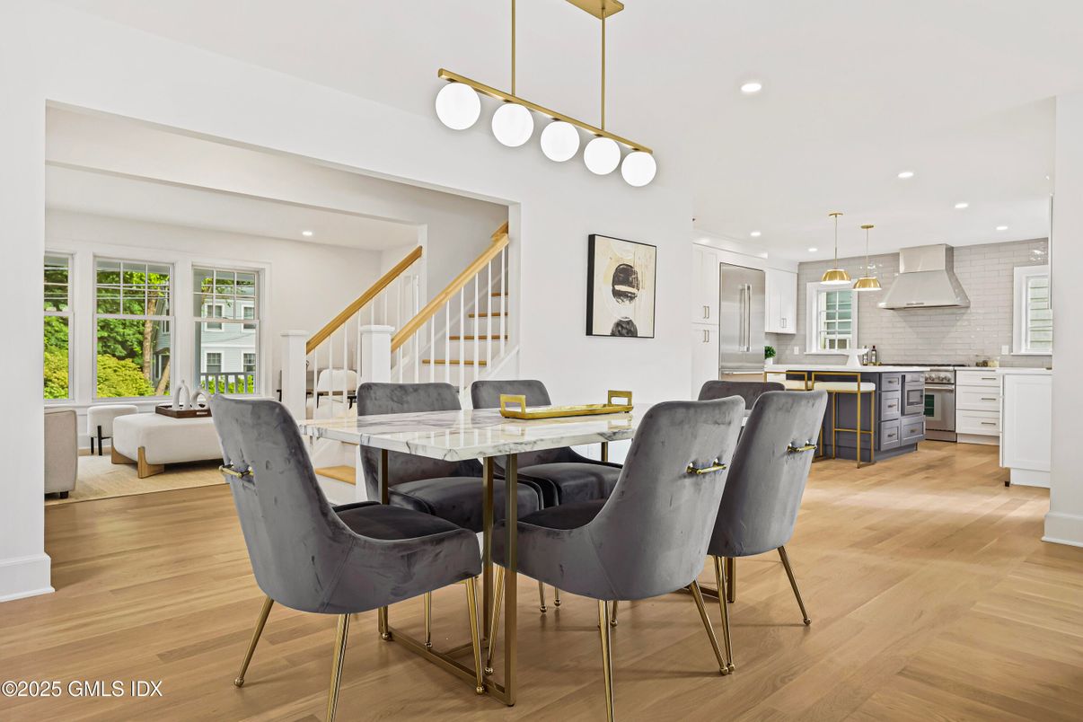 Dining room, Interior, Kitchen, Pendant Lights, Recessed Lighting, Wood Texture Flooring