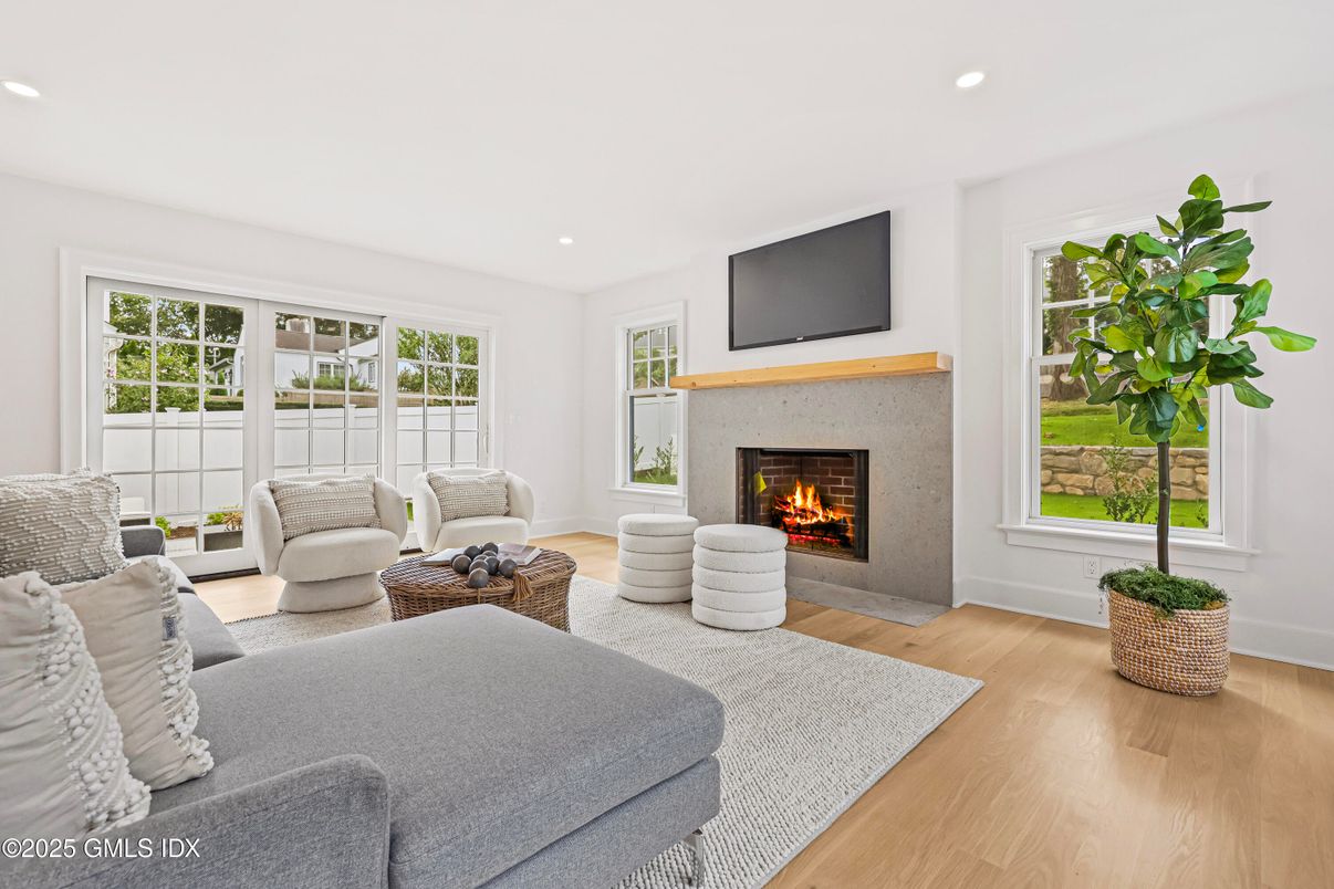 Fireplace, Interior, Living room, Recessed Lighting, Wood Texture Flooring