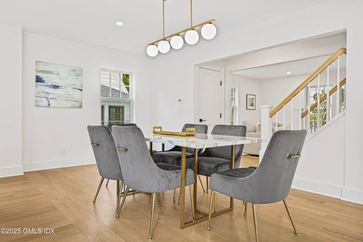 Dining room, Interior, Pendant Lights, Recessed Lighting, Wood Texture Flooring