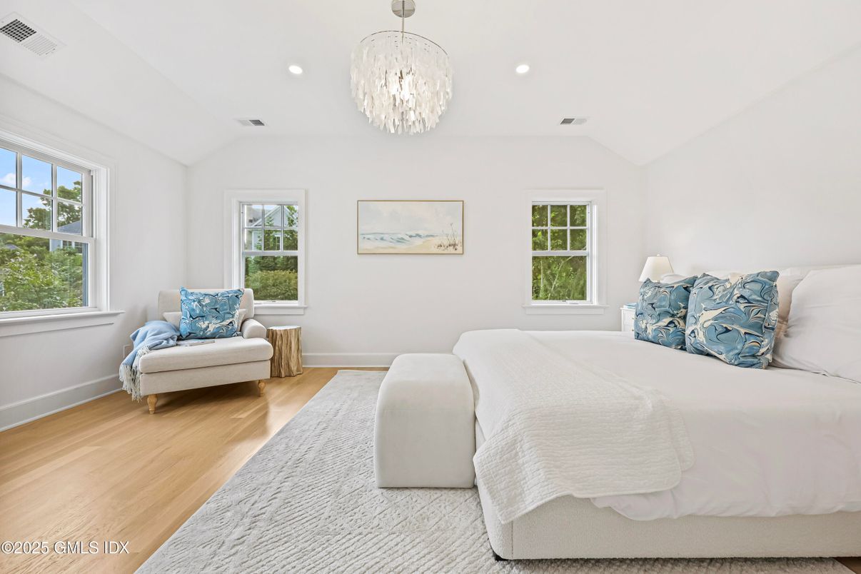 Bedroom, Chandelier, Interior, Recessed Lighting, Wood Texture Flooring