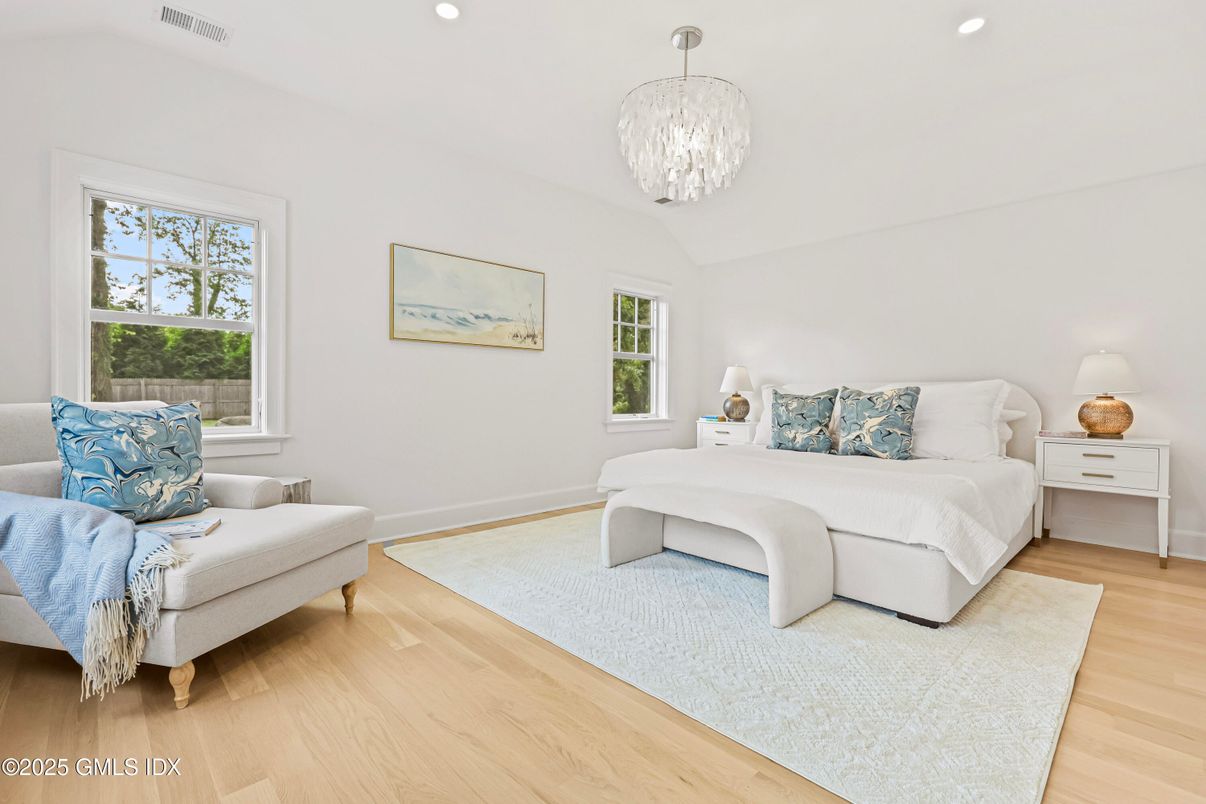 Bedroom, Chandelier, Interior, Recessed Lighting, Wood Texture Flooring