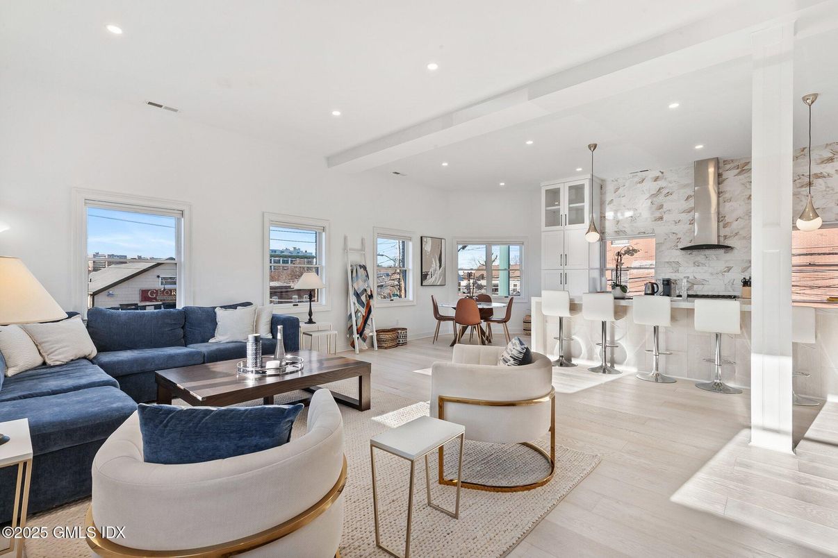 Dining room, Interior, Kitchen, Living room, Pendant Lights, Recessed Lighting, Wood Texture Flooring