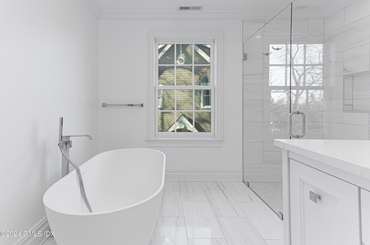 Bathroom, Free Standing Baths, Glass Shower, Interior, Marble, Marble Walls