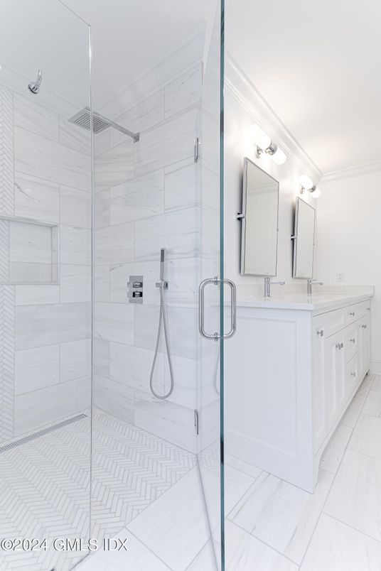 Bathroom, Dual Sink Vanities, Glass Shower, Interior, Marble Walls