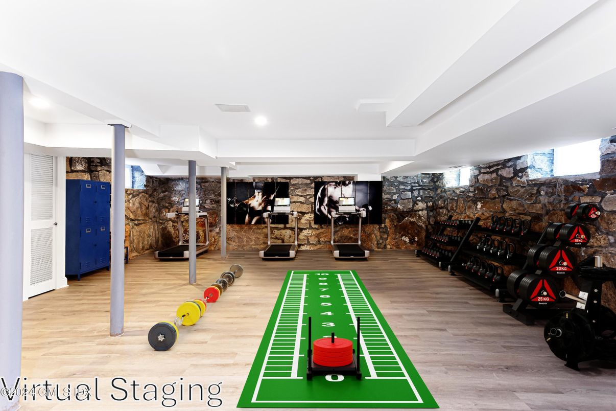 Fitness Equipment, Interior, Recessed Lighting, Stone Walls, Wood Texture Flooring