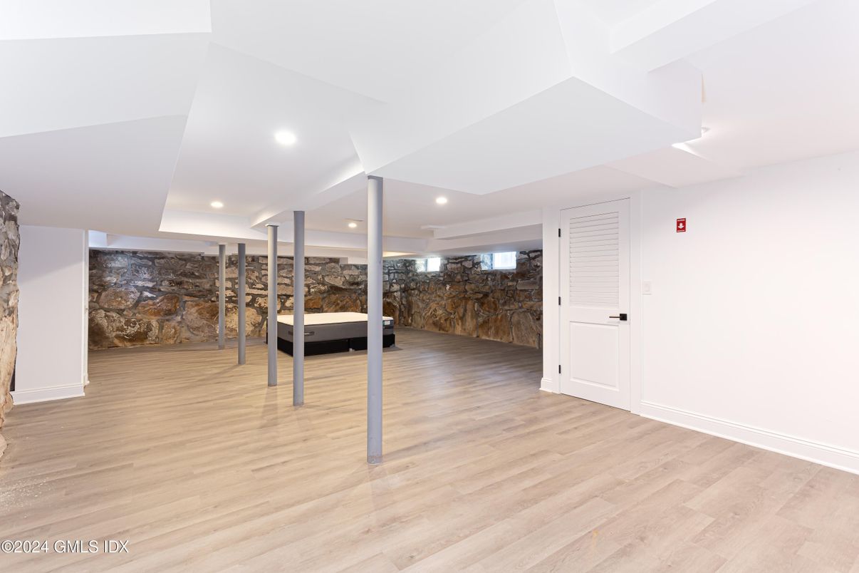 Interior, Recessed Lighting, Stone Walls, Wood Texture Flooring