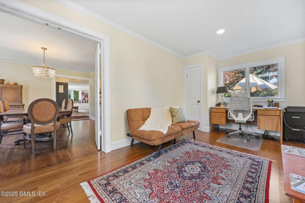 Chandelier, Home Office, Interior, Recessed Lighting, Wood Texture Flooring