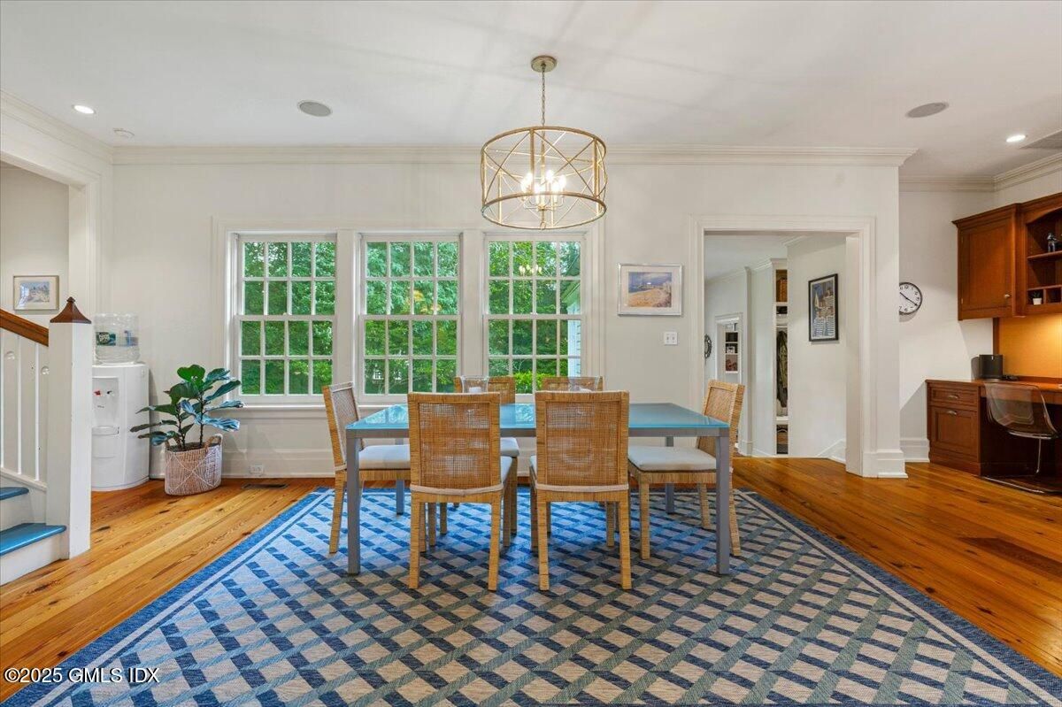 Chandelier, Dining room, Interior, Pendant Lights, Recessed Lighting, Wood Texture Flooring