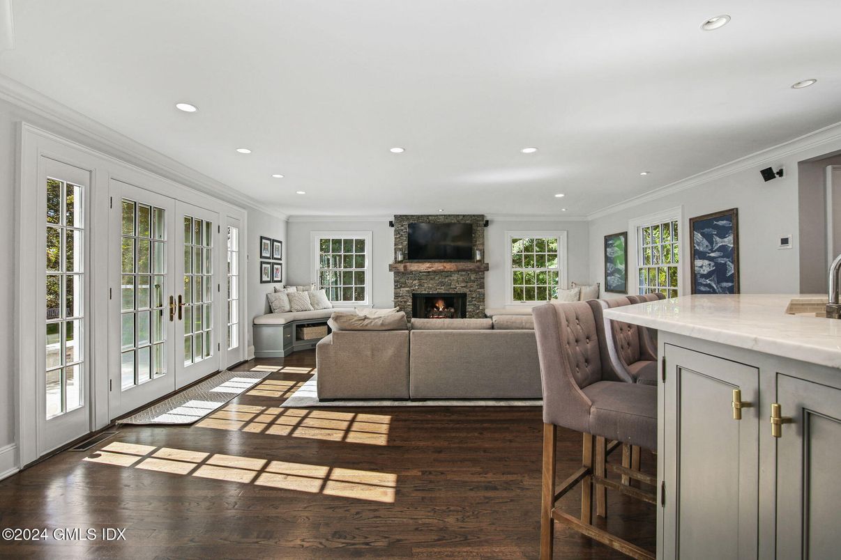 Fireplace, Interior, Living room, Recessed Lighting, Wood Texture Flooring