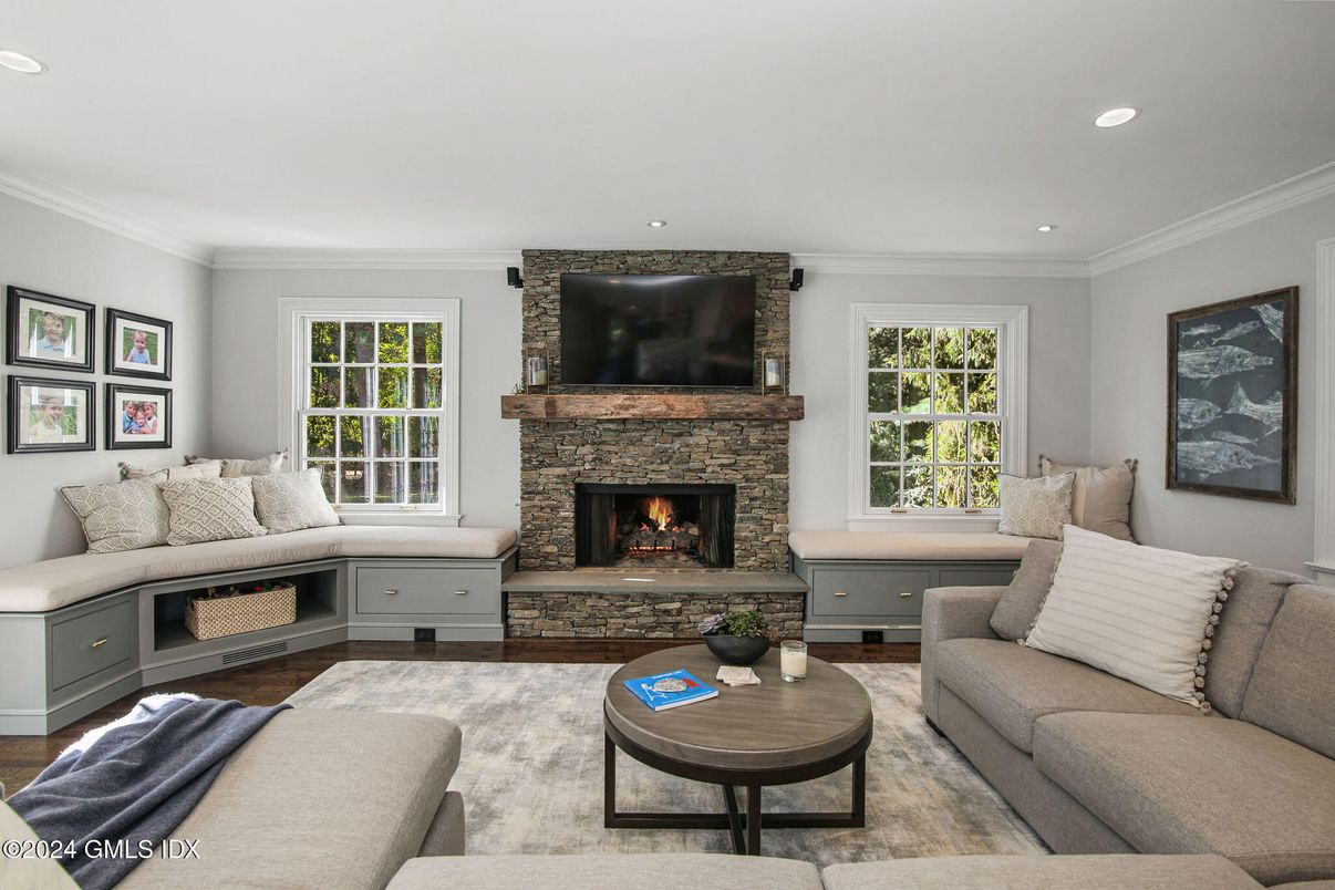 Fireplace, Interior, Living room, Recessed Lighting, Wood Texture Flooring