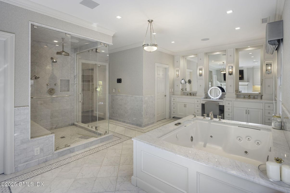 Bathroom, Dual Sink Vanities, Glass Shower, Interior, Marble, Pendant Lights, Recessed Lighting