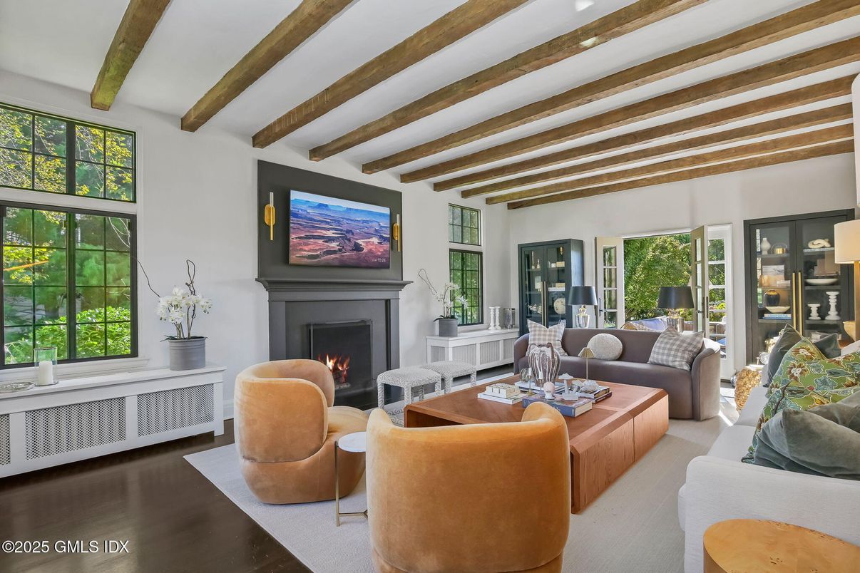 Fireplace, Interior, Living room, Wooden Beams, Wood Texture Flooring