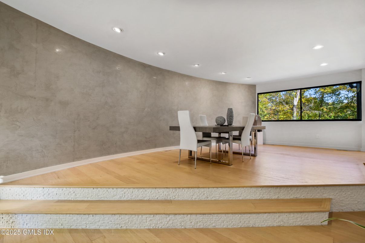 Dining room, Interior, Recessed Lighting, Wood Texture Flooring