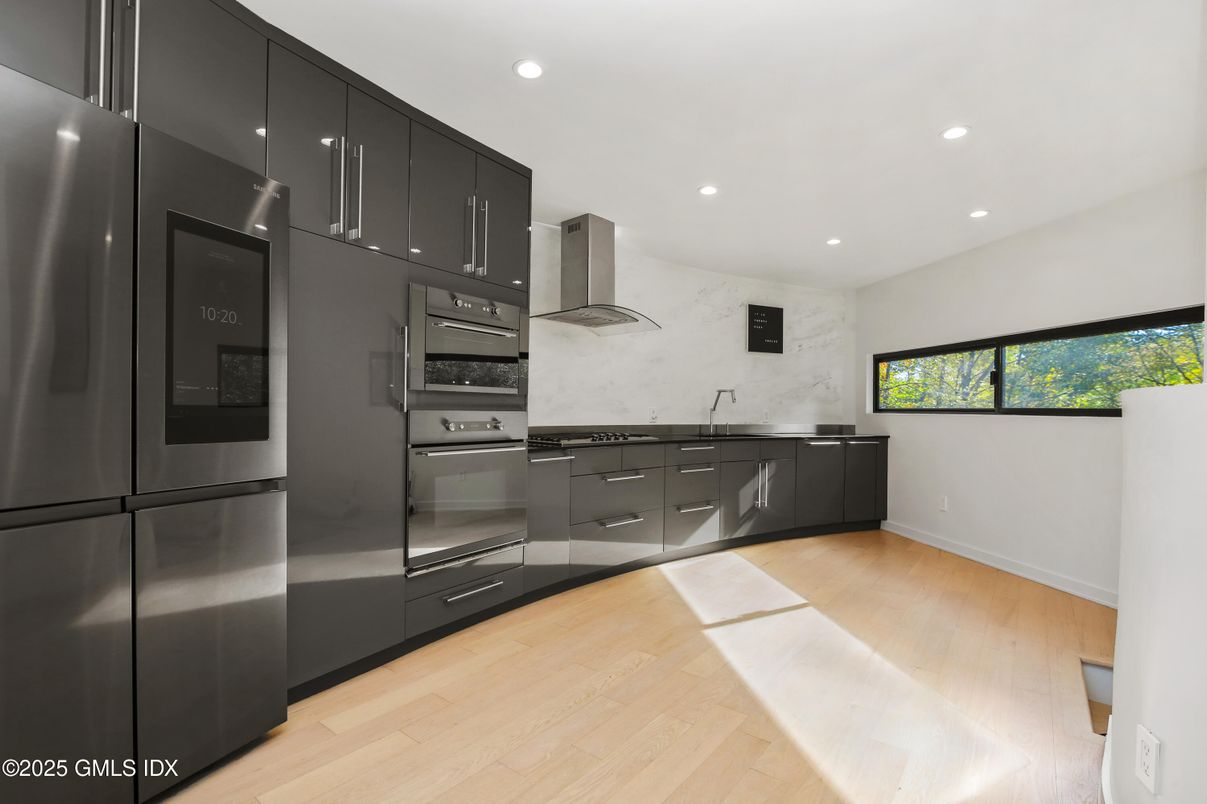 Interior, Kitchen, Recessed Lighting, Stainless Steel Appliances, Wood Texture Flooring