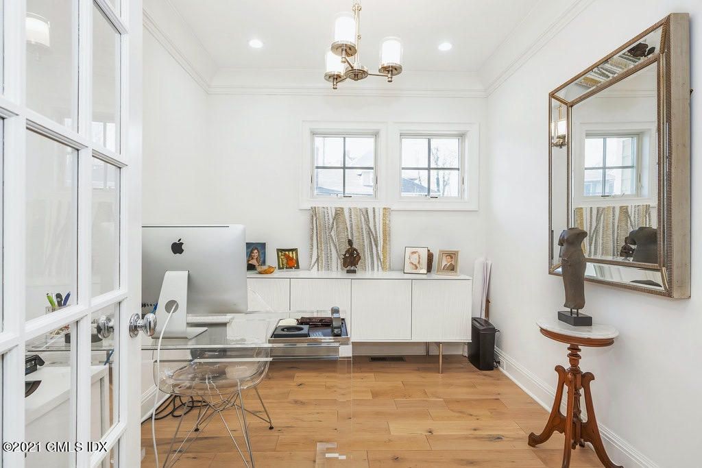 Chandelier, Home Office, Interior, Recessed Lighting, Wood Texture Flooring
