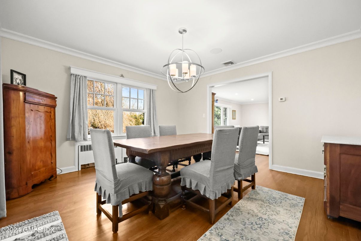 Dining room, Interior, Pendant Lights, Recessed Lighting, Wood Texture Flooring
