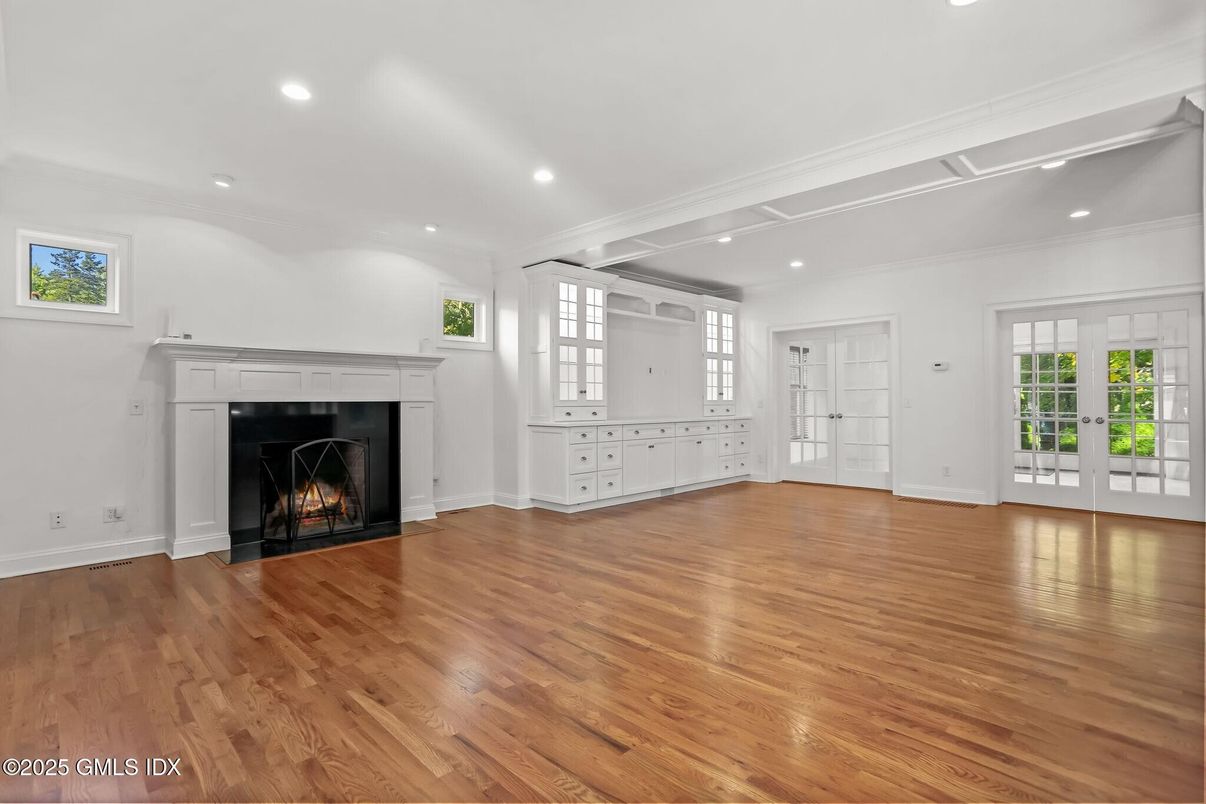 Empty room, Fireplace, Interior, Recessed Lighting, Wood Texture Flooring