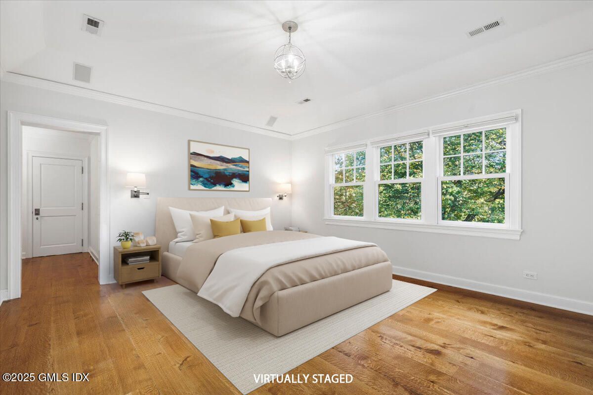 Bedroom, Interior, Pendant Lights, Wood Texture Flooring