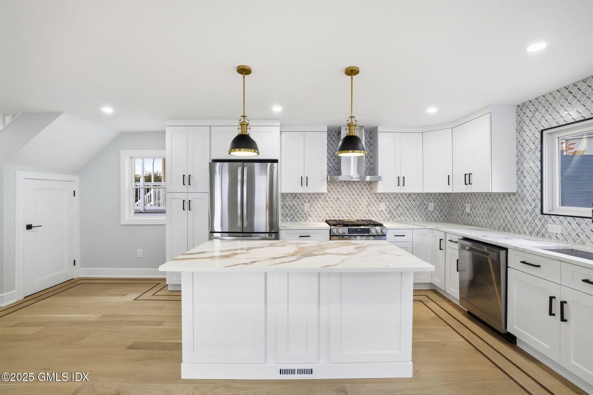 Interior, Kitchen, Pendant Lights, Recessed Lighting, Stainless Steel Appliances, Wood Texture Flooring