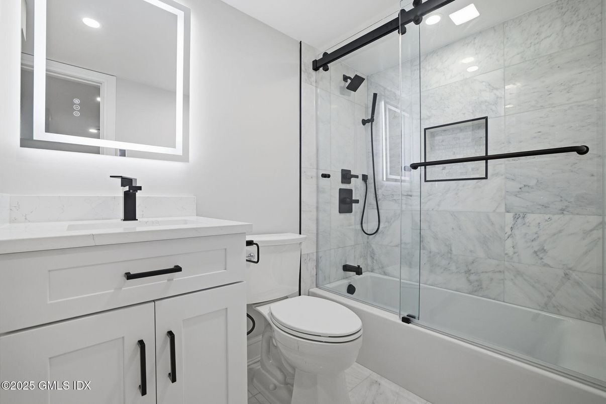Bathroom, Glass Shower, Interior, Marble, Marble Walls, Recessed Lighting