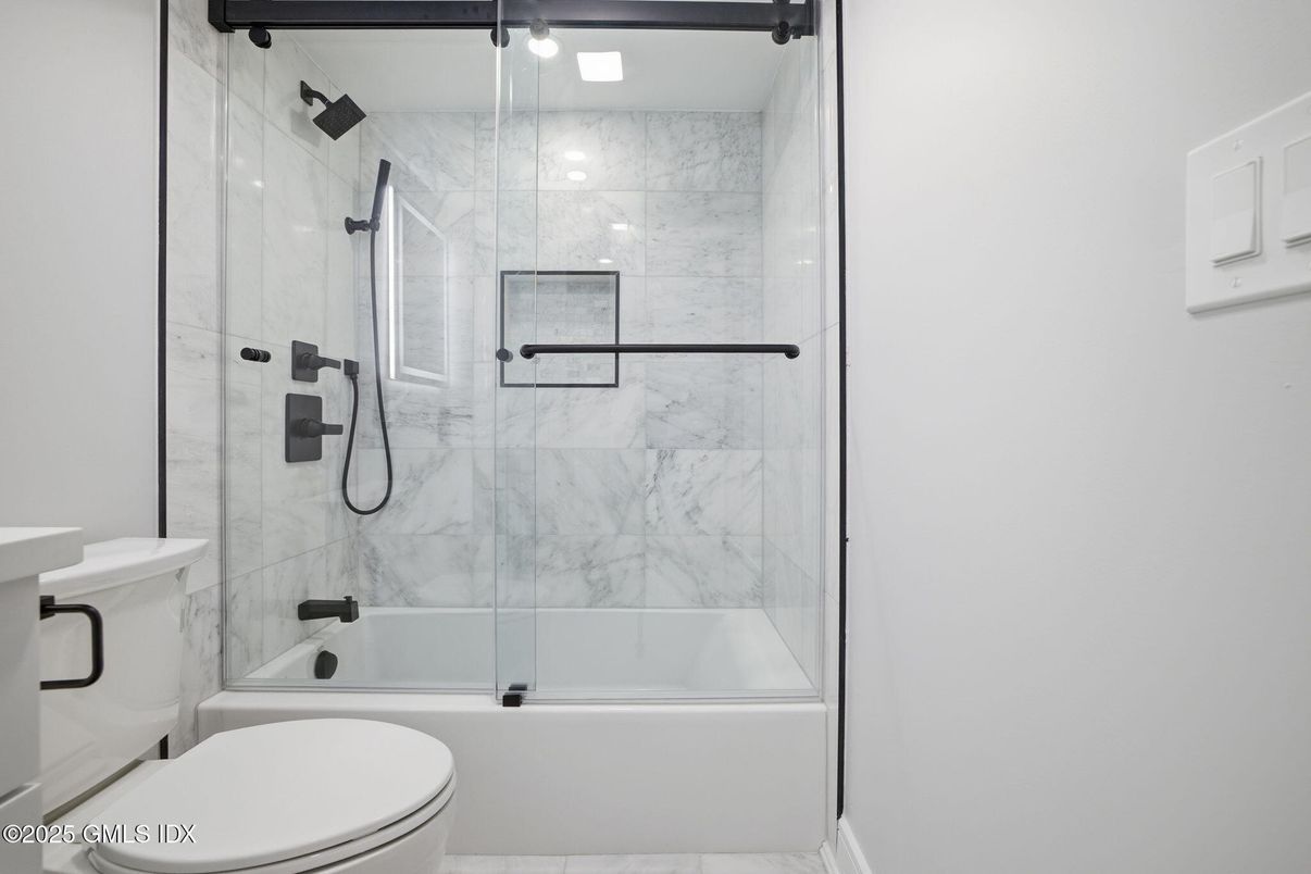Bathroom, Glass Shower, Interior, Marble Walls, Recessed Lighting