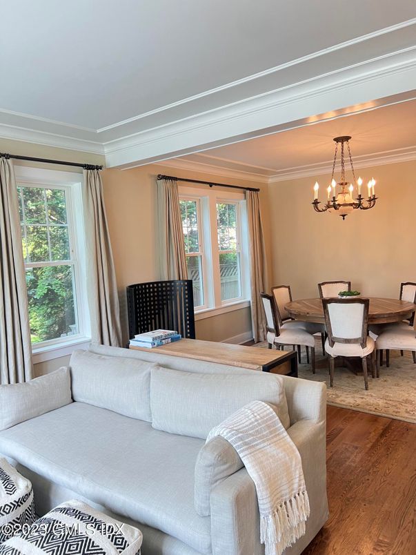 Chandelier, Dining room, Interior, Wood Texture Flooring
