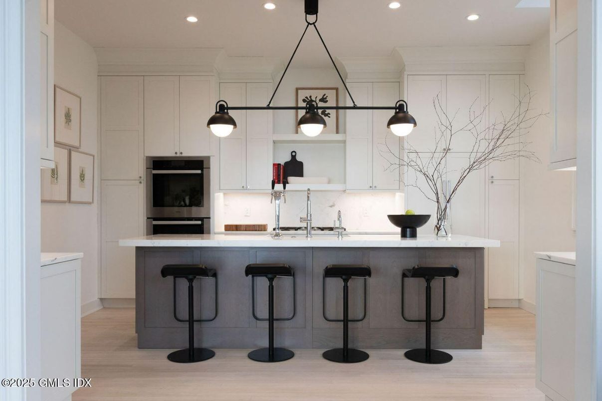 Interior, Kitchen, Marble Walls, Pendant Lights, Recessed Lighting, Wood Texture Flooring