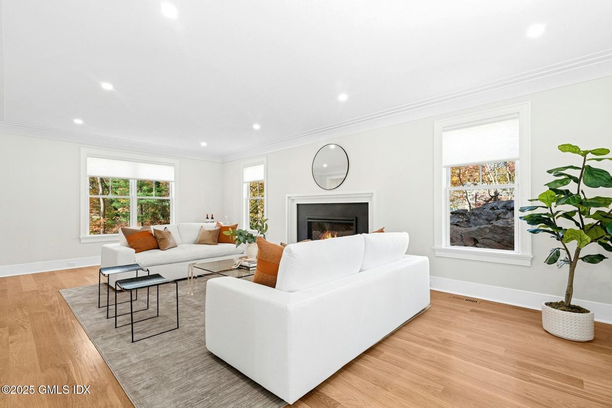 Fireplace, Interior, Living room, Recessed Lighting, Wood Texture Flooring