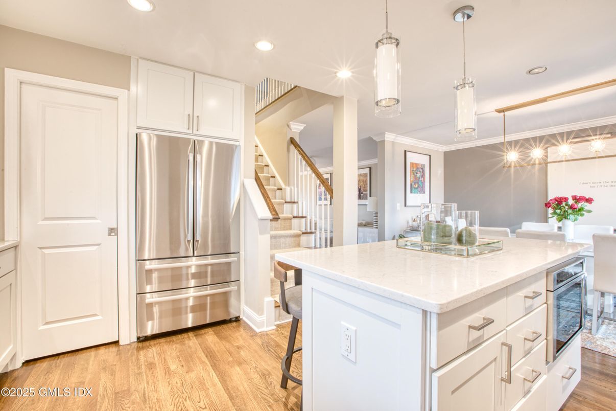 Interior, Kitchen, Pendant Lights, Recessed Lighting, Stainless Steel Appliances, Wood Texture Flooring