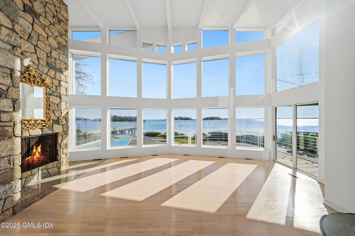 Fireplace, Interior, Stone Walls, Water, Wood Texture Flooring