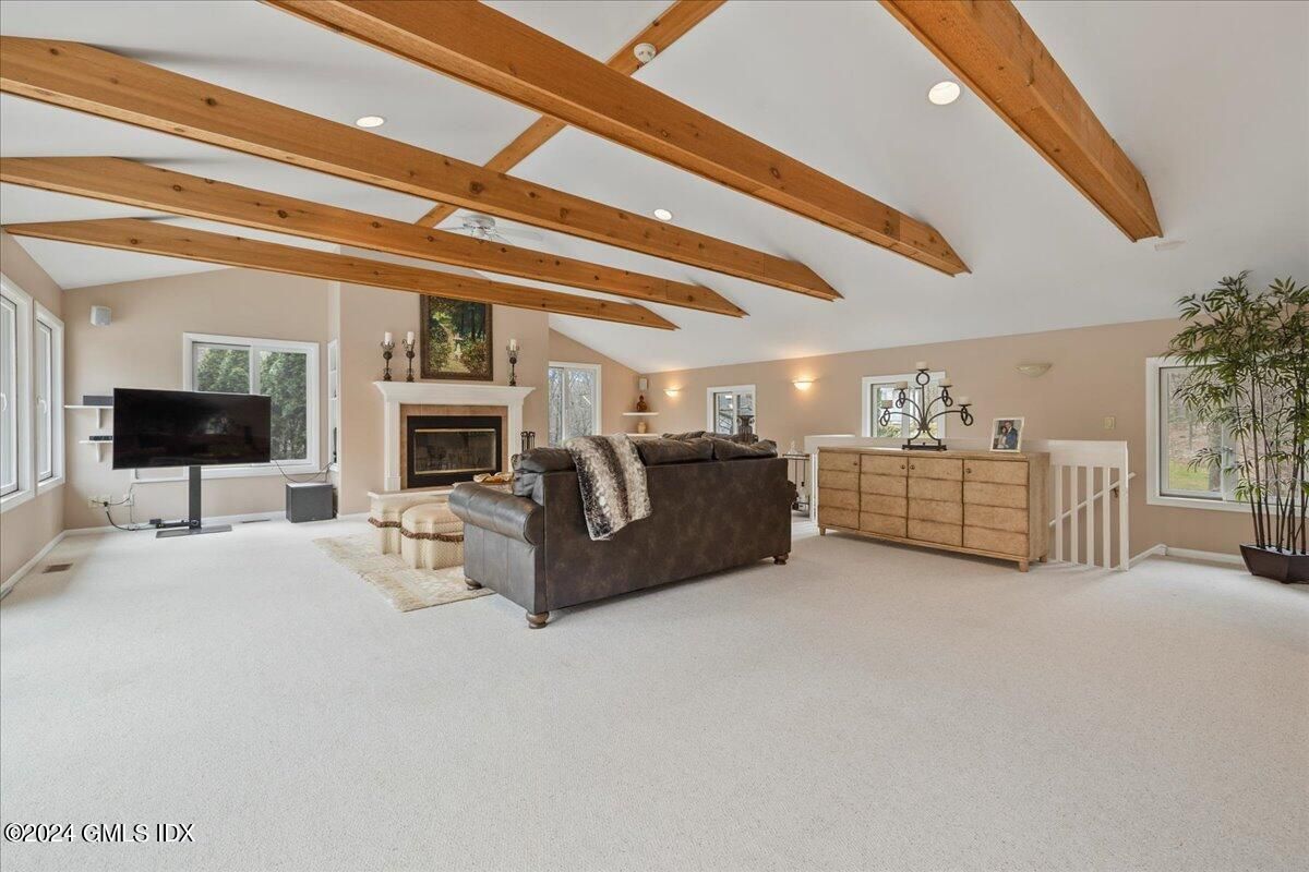 Fireplace, Interior, Living room, Recessed Lighting, Wooden Beams