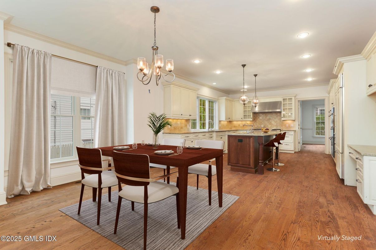Chandelier, Dining room, Interior, Kitchen, Pendant Lights, Recessed Lighting, Wood Texture Flooring