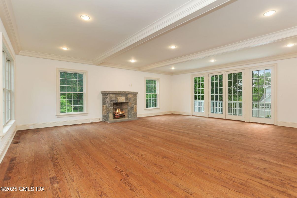 Empty room, Fireplace, Interior, Recessed Lighting, Wood Texture Flooring