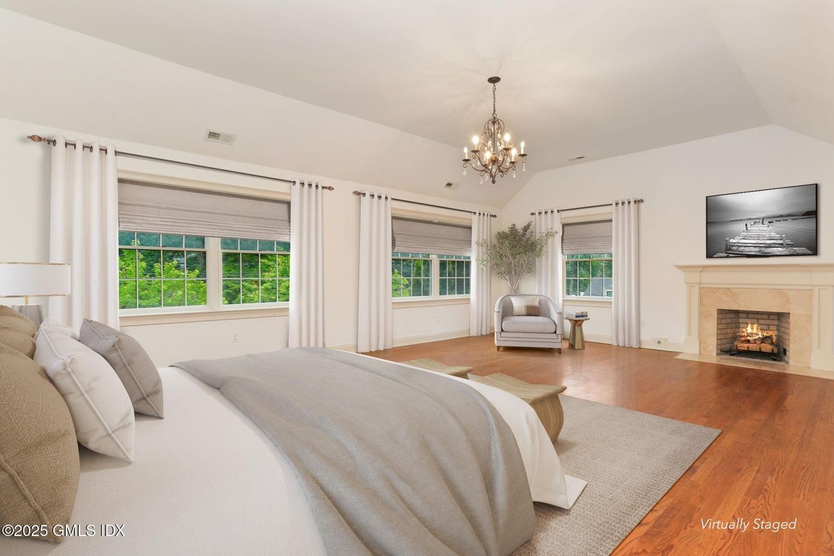 Bedroom, Chandelier, Fireplace, Interior, Wood Texture Flooring