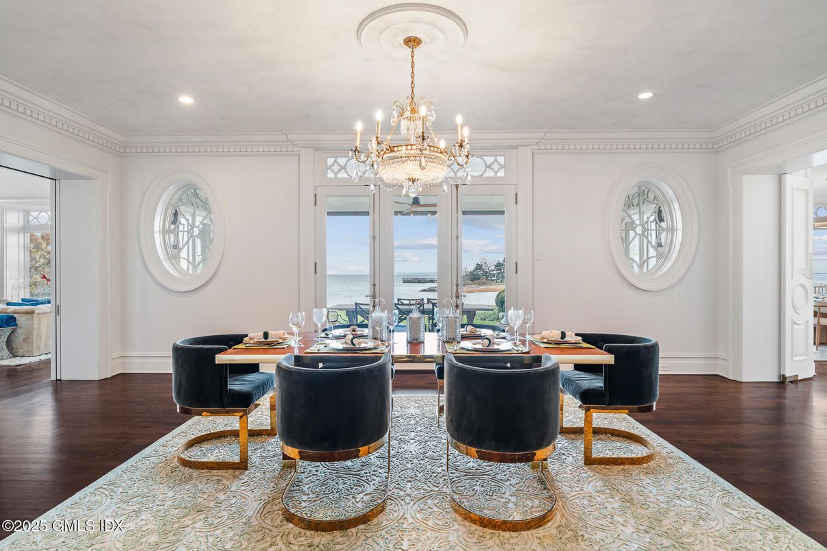 Chandelier, Dining room, Interior, Recessed Lighting, Water, Wood Texture Flooring