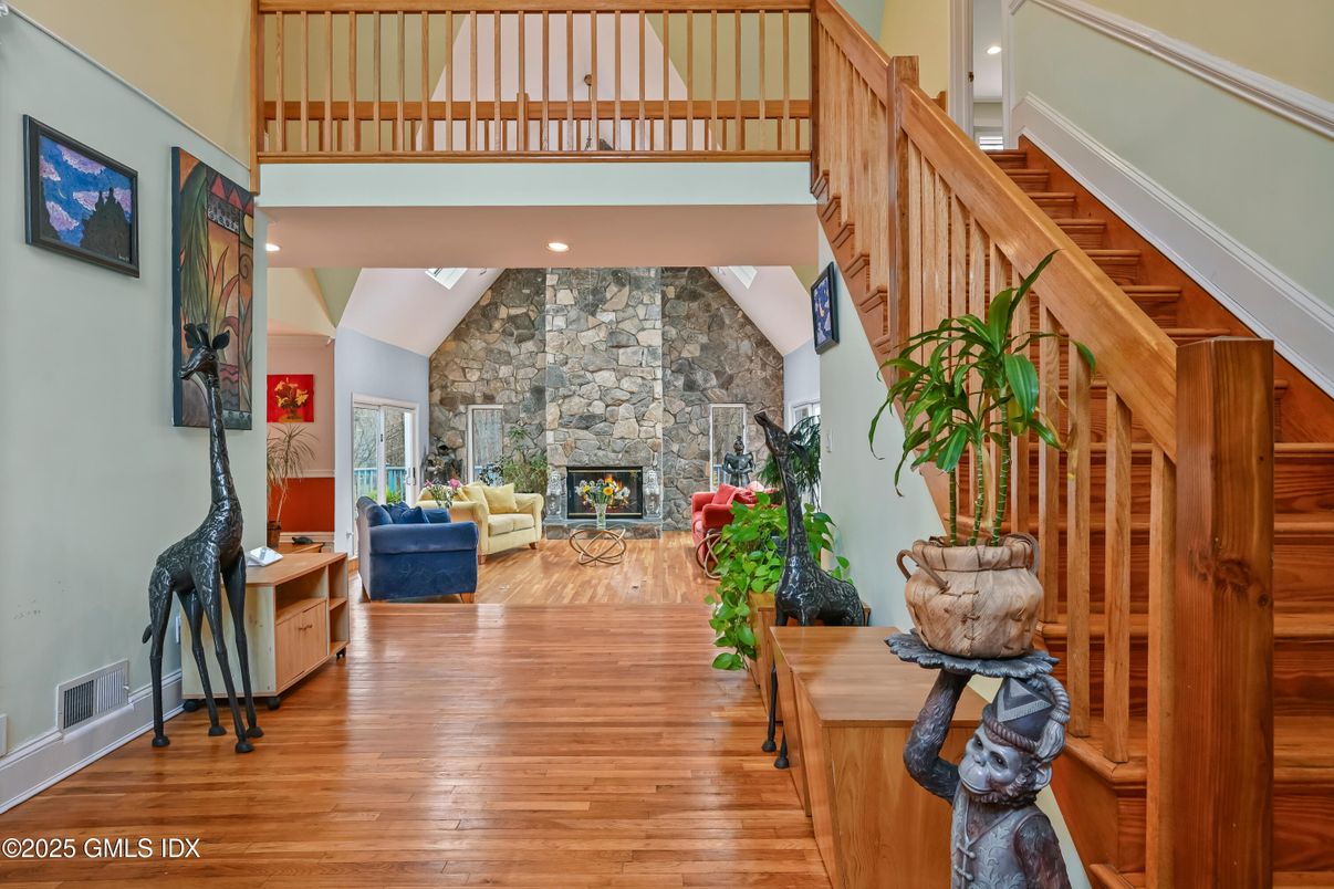 Fireplace, Interior, Recessed Lighting, Stone Walls, Wood Texture Flooring