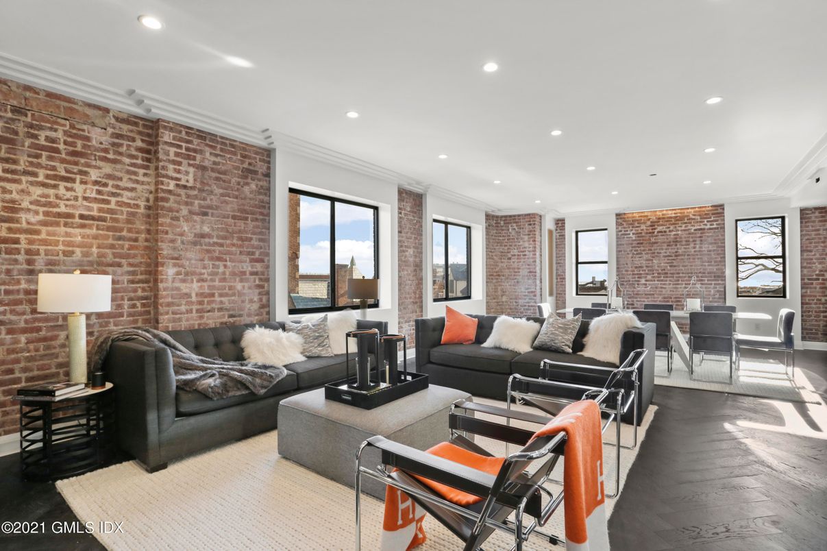 Dining room, Interior, Living room, Recessed Lighting, Stone Walls, Wood Texture Flooring