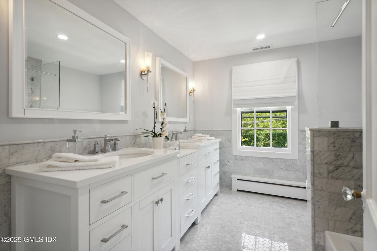 Bathroom, Dual Sink Vanities, Interior, Marble Walls, Recessed Lighting