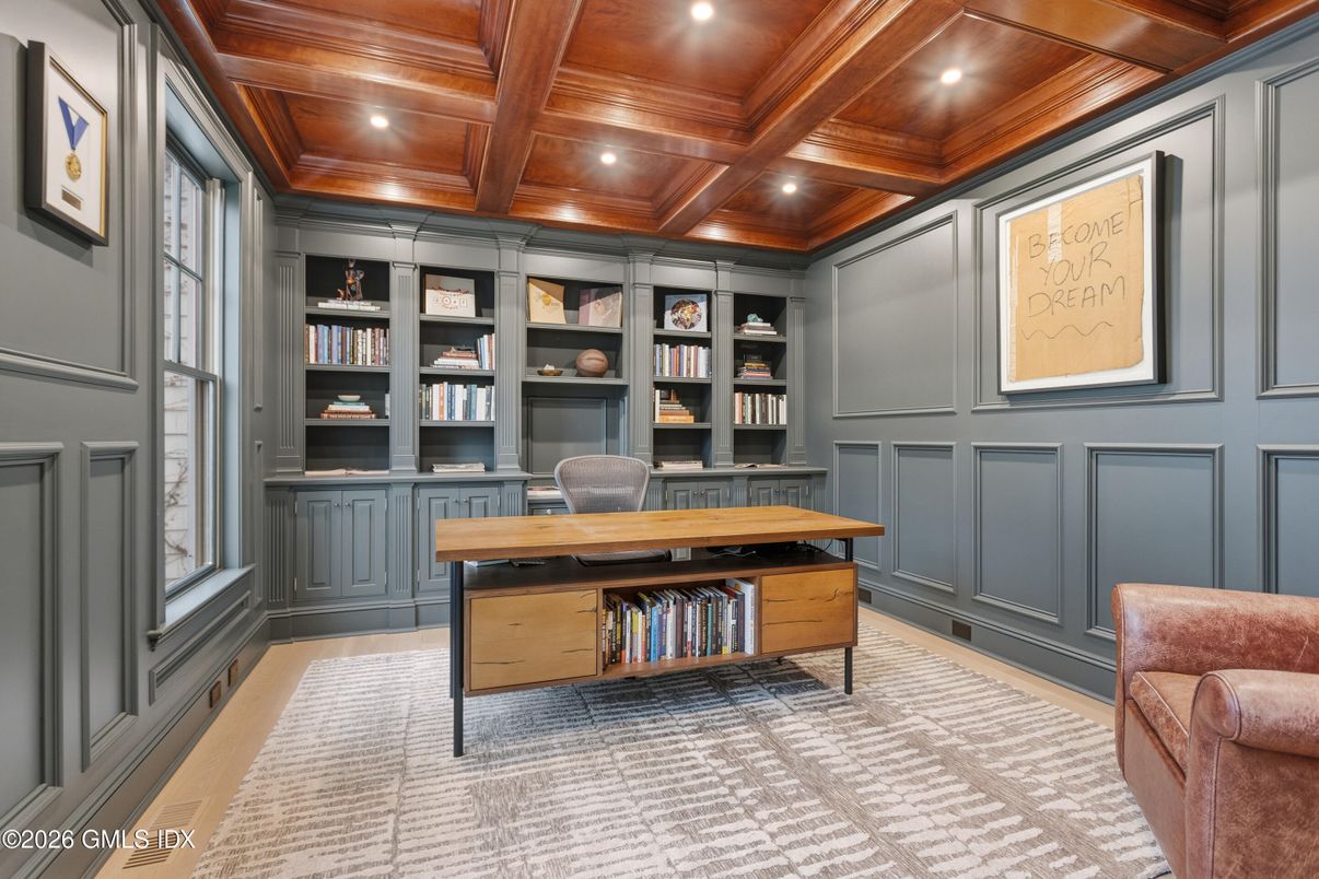 Home Office, Interior, Recessed Lighting, Wooden Beams, Wooden Ceilings, Wood Texture Flooring