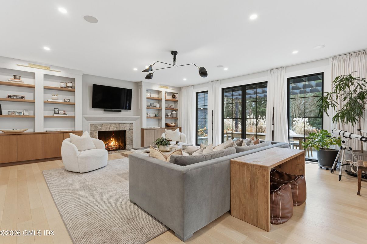 Fireplace, Interior, Living room, Recessed Lighting, Wood Texture Flooring