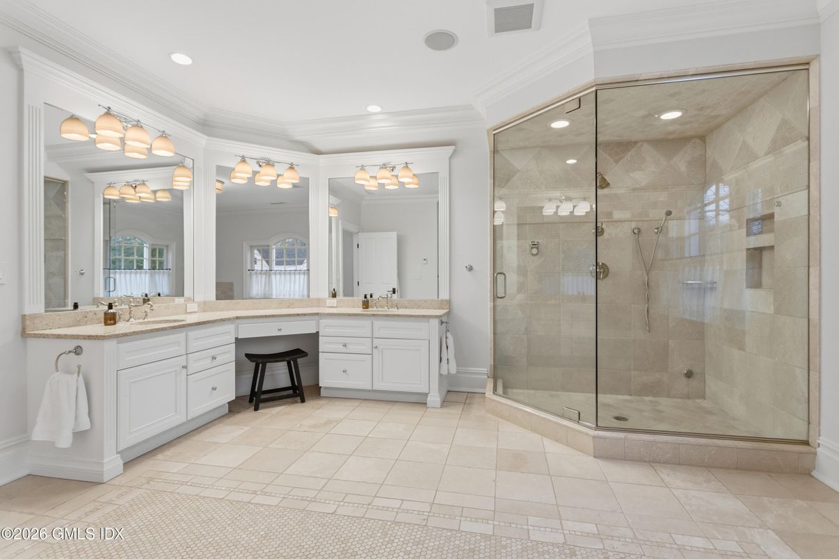 Bathroom, Dual Sink Vanities, Glass Shower, Interior, Recessed Lighting